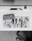 Evangelion 28x12 inch mouse pad featuring Rei, Asuka, Gendo Ikari; ivory backdrop captures their iconic expressions.