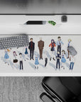 Evangelion desk pad 36x16 inches featuring Rei, Asuka, Gendo Ikari on soft ivory backdrop, perfect for anime fans.