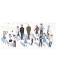 Anime mouse pad 32x16 inches featuring Evangelion crew: Rei, Asuka, Gendo Ikari on soft ivory backdrop capturing their essence.