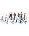 36x16 inch anime mouse pad featuring Evangelion crew; Rei, Asuka, Gendo Ikari on ivory background, iconic for fans.