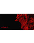 Berserk desk pad featuring Guts, Griffith, and other iconic figures, 36x16 inches, with a bold red and black design that captures the raw intensity of the saga.