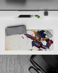Anime girl mouse pad 28x12 inches in bold black-and-orange with glowing eyes, sparks, and chaotic energy.