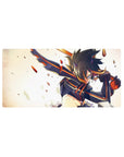 32x16 inches anime girl mouse pad with fierce mid-swing warrior in black armor and orange racing stripes.