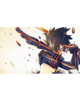 Anime girl desk pad 40x20 inches with fierce mid-swing warrior in black armor and orange racing stripes.