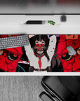 36x16 inches anime girl mouse pad in bold reds, inky blacks, and crisp whites with a fierce vibe.
