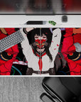 40x20 inches anime desk pad in bold reds and inky blacks, sharp red-eyed vibe with petals and debris.