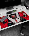 Anime girl desk pad 40x20 inches showing long black hair, red eyes, and a split oni mask in mid-action.