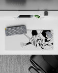 Evangelion Unit-01 anime mouse pad, 28x12 inches, black-and-white line art, minimalist design with bold impact.