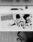Minimalist 32x16 inch anime mouse pad featuring Evangelion's Unit-01 in sharp black-and-white line art, perfect for fans.