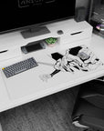 Anime mouse pad 36x16 inches featuring Unit-01 from Evangelion in black-and-white line art, bold and minimalist.