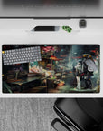 32x16 inches anime mouse pad in neon reds and cool teals, moody rainy night market glow and grit.
