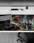 Anime desk pad 36x16 inches in warm reds and cool teals, neon glow on rain-soaked concrete, cyberpunk calm.