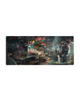 Cyberpunk street market anime mouse pad 28x12 inches with girl and yellow-accent mech under lamps.