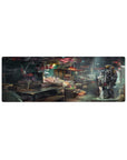 Cyberpunk street market anime mouse pad 32x12 inches with girl and towering mech under hanging lamps.