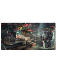 32x16 inches anime mouse pad with cyberpunk street market girl beside yellow-accent mech, rain-soaked detail.