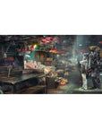Anime desk pad 40x20 inches with neon street market scene, girl beside a glowing yellow-accent mech.