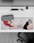 32x12 inches anime girl mouse pad in creamy whites and blush tones, flirty cozy vibe with bold contrast.