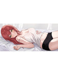 Anime girl desk pad 36x16 inches with red-haired flirty gamer vibe art on a soft bed scene.