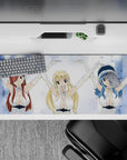Icy blue and snowy white anime desk pad 36x16 inches, crisp bright party vibe with glossy highlights.