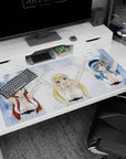 Lucy, Erza & Juvia cheering with arms raised on anime desk pad 40x20 inches, glossy white outfits.
