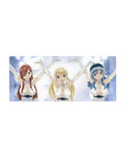 Fairy Tail anime girl mouse pad 28x12 inches with Lucy, Erza & Juvia in white halter outfits.