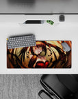 28x12 inches anime mouse pad in warm gold clockwork tones, deep shadows, and punchy red accents.