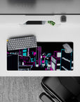 28x12 inches anime mouse pad in hot magenta and electric cyan with crisp white glow, late-night vibe.