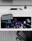 Anime mouse pad 32x12 inches in hot magenta, electric cyan, and crisp white glow for a late-night vibe.