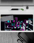 32x16 inches anime mouse pad in hot magenta and electric cyan with crisp white glow, late-night vibe.