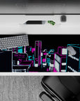 36x16 inches anime desk pad in hot magenta and electric cyan with crisp white glow, late-night vibe.