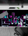 40x20 inches anime desk pad in hot magenta and electric cyan with crisp white glow, late-night cyber mood.
