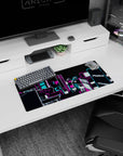 28x12 inches anime mouse pad showing a glowing cyberpunk skyline over a desk, like a late-night intro scene.