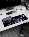 Anime mouse pad 32x12 inches showing a neon cyber city at night, glowing high-rises fading into blur.
