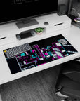 32x16 inches anime mouse pad showing a blurred-depth neon skyline like a late-night anime intro scene.