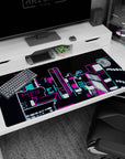40x20 inches anime desk pad showing a neon-lit skyline at night, glowing towers and depth-of-field blur.