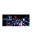 28x12 inches anime mouse pad with neon cyber city skyline, chunky high-rises, sharp outlines, soft blur.
