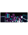 Anime mouse pad 32x12 inches featuring a chunky neon city skyline with sharp outlines and soft depth blur.