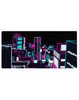 32x16 inches anime mouse pad with neon cyberpunk city skyline, chunky high-rises, crisp glowing outlines.