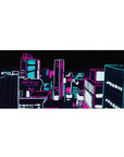 36x16 inches anime desk pad with neon cyber city skyline, chunky high-rises, crisp outlines, soft blur depth.