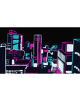 Anime desk pad 40x20 inches with neon city skyline, chunky high-rises, sharp outlines, soft anime blur.