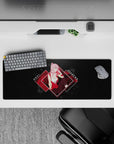 Anime mouse pad 32x12 inches featuring Zero Two from Darling in the Franxx, vibrant red tones, and map-textured background.