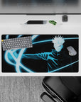 32x16 inches mouse pad showcasing Gojo Satoru with blue cursed energy, perfect for a high-energy desk setup.