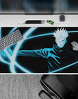 40x20 inches desk pad showcasing Gojo Satoru’s intense power with blue cursed energy, bringing action to your workspace.