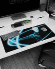 Artistic 36x16 inches desk pad featuring Gojo Satoru, with blue cursed energy in full display for an intense workspace vibe.