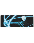 Compact 32x12 inches mouse pad featuring Gojo Satoru in full action, surrounded by his signature blue cursed energy.