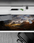 36x16 inches mouse pad with majestic mountains, sweeping valley, dramatic skies, and a distant dragon for a Skyrim-inspired adventure.