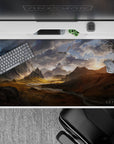 40x20 inches mouse pad showcasing majestic mountains, a sweeping valley, and dramatic skies with a distant dragon for a Skyrim-inspired look.