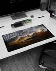 Modern 32x16 inches mouse pad with epic mountains, stormy skies, and a distant dragon, perfect for fantasy lovers and gamers.