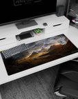 Artistic 36x16 inches mouse pad with epic mountains, golden light, and a distant dragon for a powerful, fantasy-filled landscape.