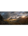 Mouse pad featuring a fantasy landscape, 36x16 inches, with majestic mountains, stormy skies, and a dragon for adventure and grandeur.